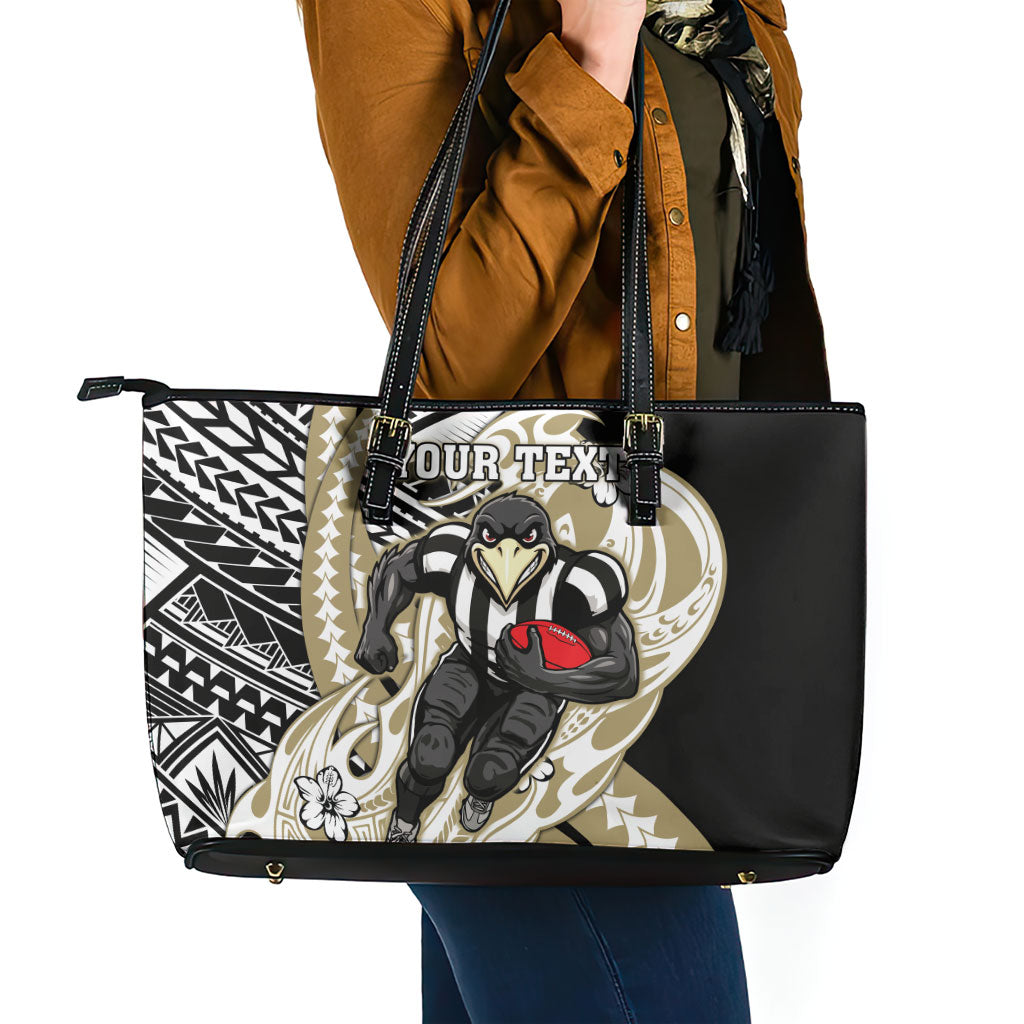 Personalized Collingwood Magpies Leather Tote Bag Polynesian Tribal Magpie Mascot With Hibiscus Floral Art