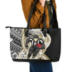 Personalized Collingwood Magpies Leather Tote Bag Polynesian Tribal Magpie Mascot With Hibiscus Floral Art
