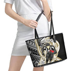 Personalized Collingwood Magpies Leather Tote Bag Polynesian Tribal Magpie Mascot With Hibiscus Floral Art
