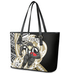 Personalized Collingwood Magpies Leather Tote Bag Polynesian Tribal Magpie Mascot With Hibiscus Floral Art