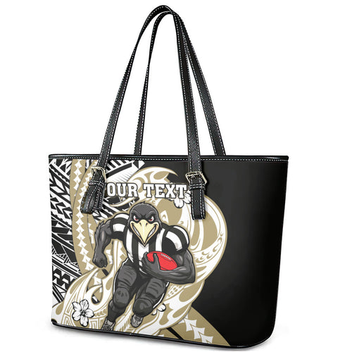 Personalized Collingwood Magpies Leather Tote Bag Polynesian Tribal Magpie Mascot With Hibiscus Floral Art