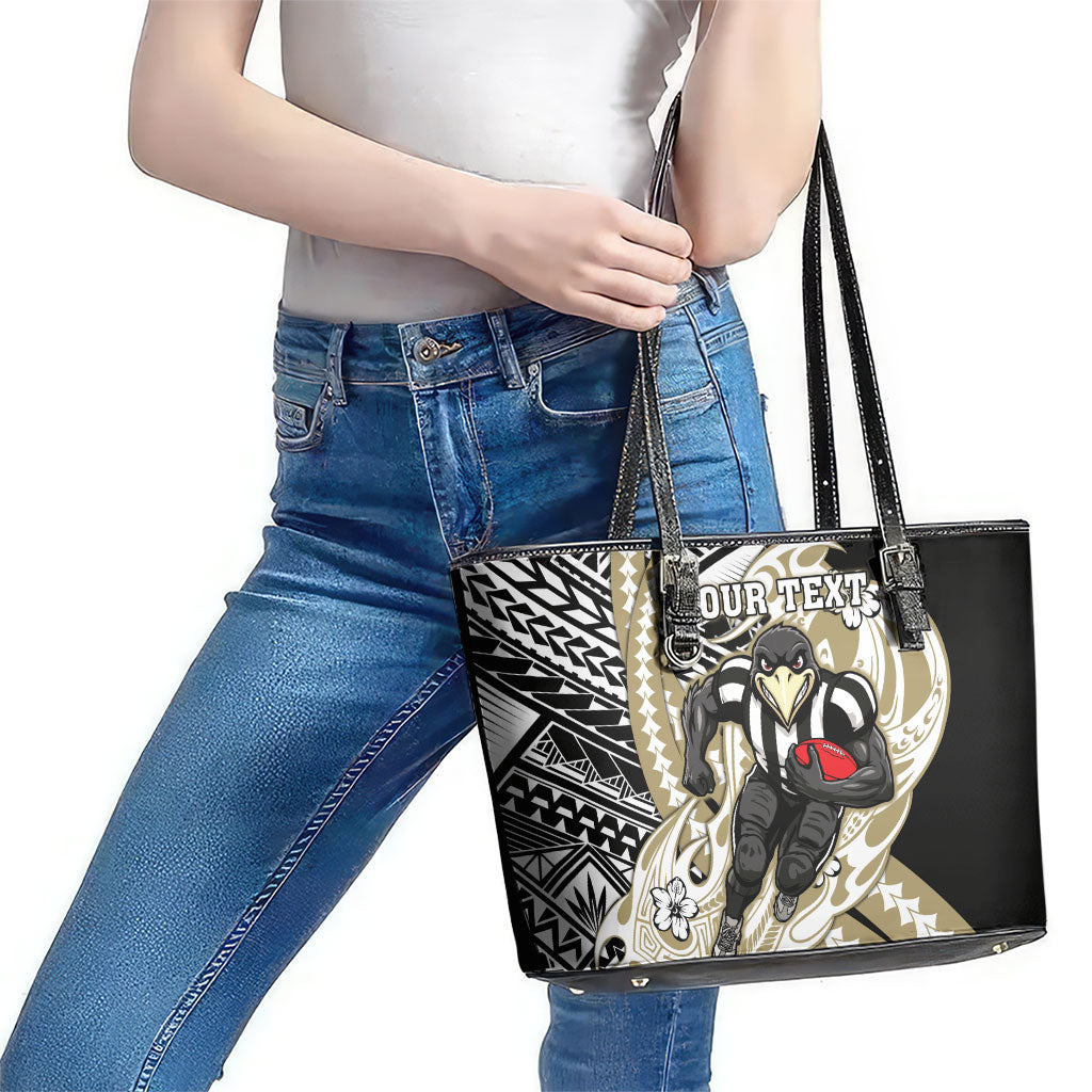 Personalized Collingwood Magpies Leather Tote Bag Polynesian Tribal Magpie Mascot With Hibiscus Floral Art