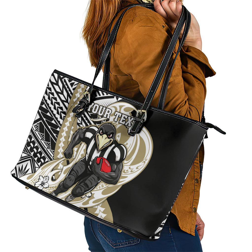 Personalized Collingwood Magpies Leather Tote Bag Polynesian Tribal Magpie Mascot With Hibiscus Floral Art