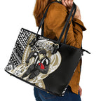 Personalized Collingwood Magpies Leather Tote Bag Polynesian Tribal Magpie Mascot With Hibiscus Floral Art