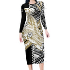 Personalized Collingwood Magpies Long Sleeve Bodycon Dress Polynesian Tribal Magpie Mascot With Hibiscus Floral Art