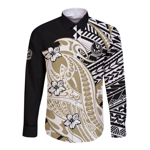 Personalized Collingwood Magpies Long Sleeve Button Shirt Polynesian Tribal Magpie Mascot With Hibiscus Floral Art