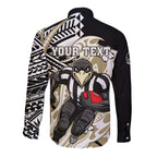 Personalized Collingwood Magpies Long Sleeve Button Shirt Polynesian Tribal Magpie Mascot With Hibiscus Floral Art