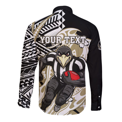 Personalized Collingwood Magpies Long Sleeve Button Shirt Polynesian Tribal Magpie Mascot With Hibiscus Floral Art