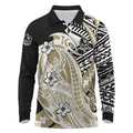 Personalized Collingwood Magpies Long Sleeve Polo Shirt Polynesian Tribal Magpie Mascot With Hibiscus Floral Art