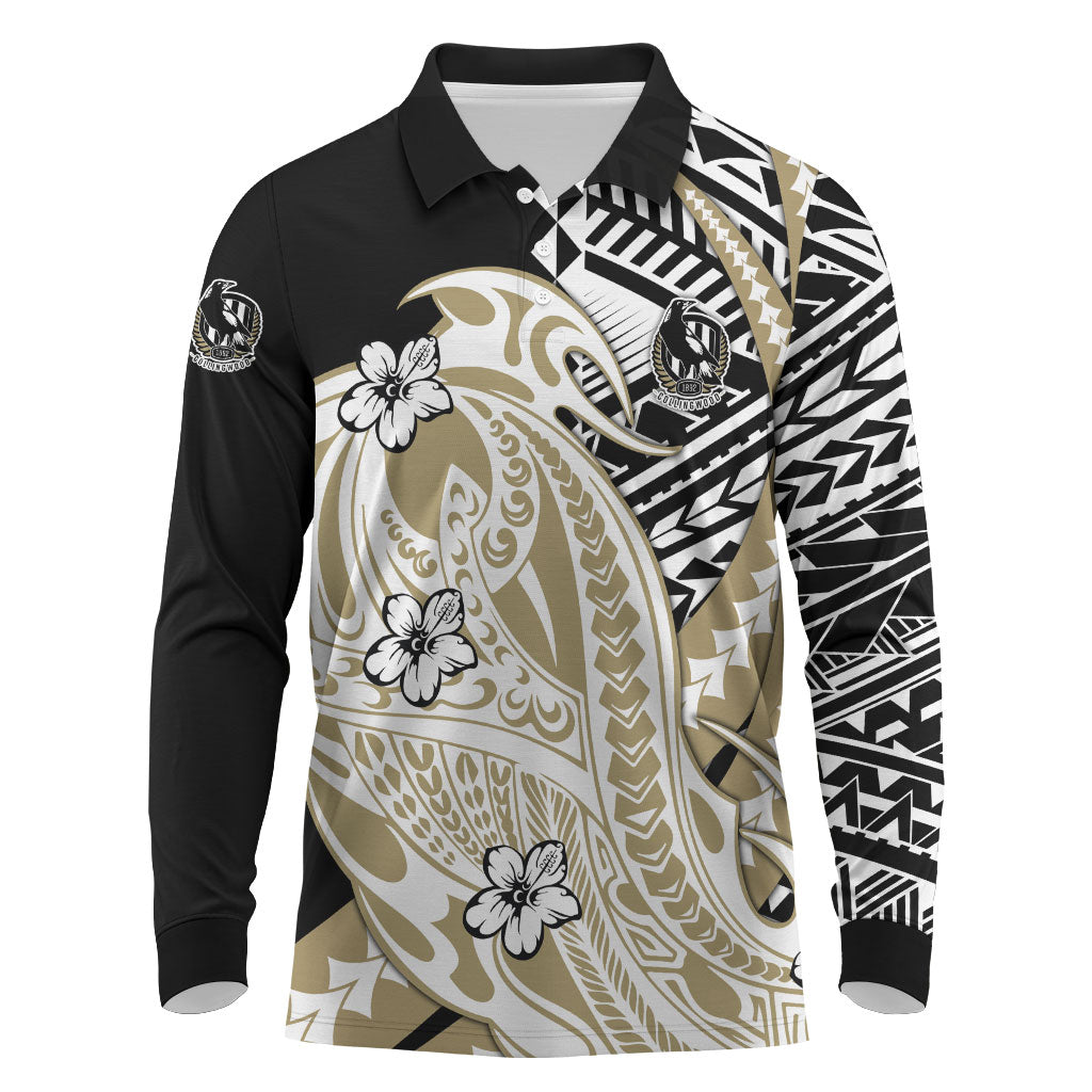Personalized Collingwood Magpies Long Sleeve Polo Shirt Polynesian Tribal Magpie Mascot With Hibiscus Floral Art