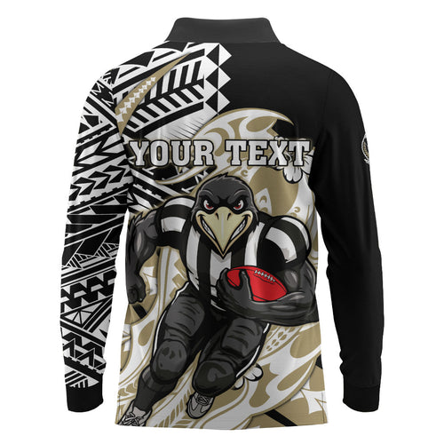 Personalized Collingwood Magpies Long Sleeve Polo Shirt Polynesian Tribal Magpie Mascot With Hibiscus Floral Art