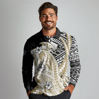 Personalized Collingwood Magpies Long Sleeve Polo Shirt Polynesian Tribal Magpie Mascot With Hibiscus Floral Art