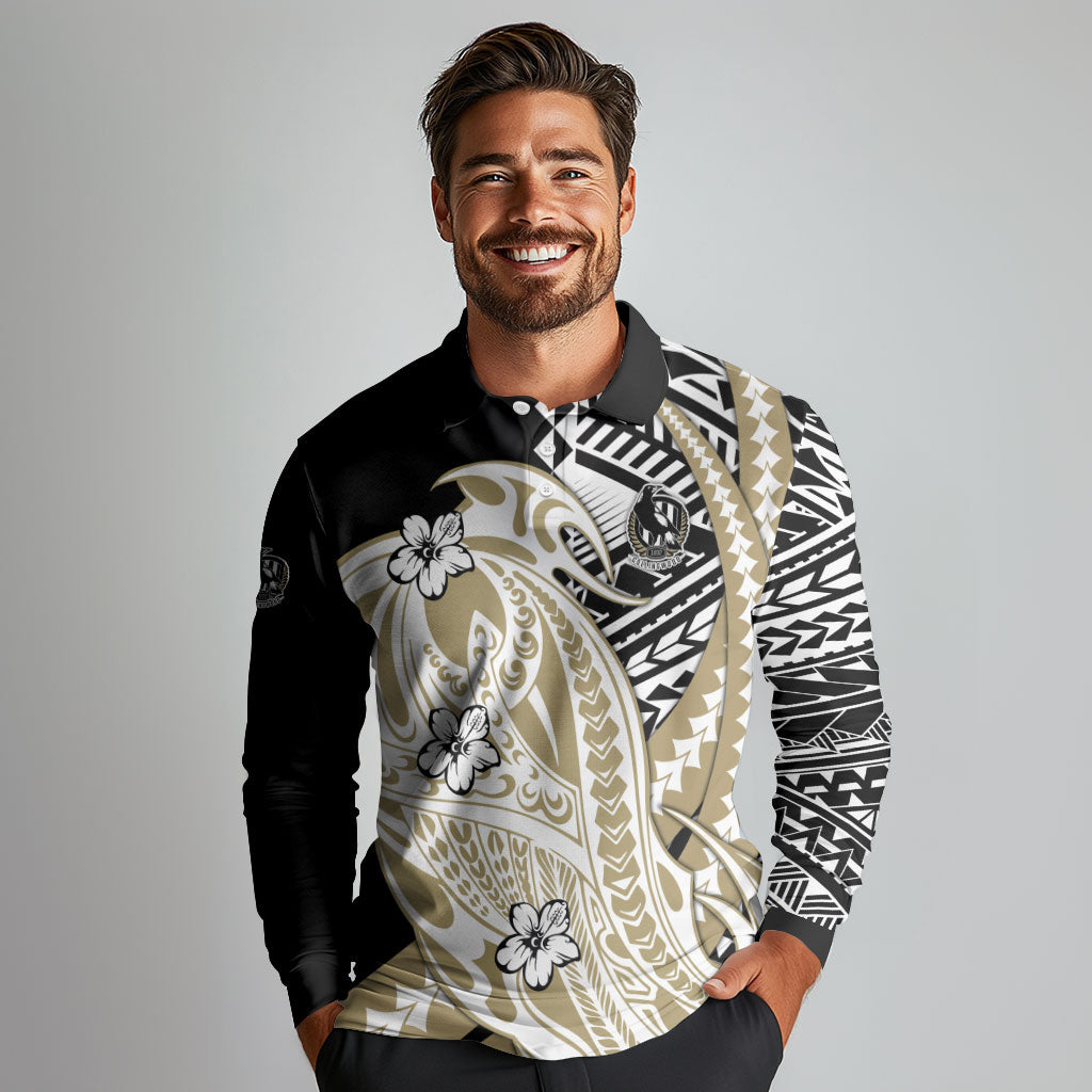 Personalized Collingwood Magpies Long Sleeve Polo Shirt Polynesian Tribal Magpie Mascot With Hibiscus Floral Art