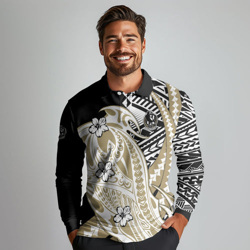 Personalized Collingwood Magpies Long Sleeve Polo Shirt Polynesian Tribal Magpie Mascot With Hibiscus Floral Art