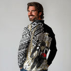 Personalized Collingwood Magpies Long Sleeve Polo Shirt Polynesian Tribal Magpie Mascot With Hibiscus Floral Art