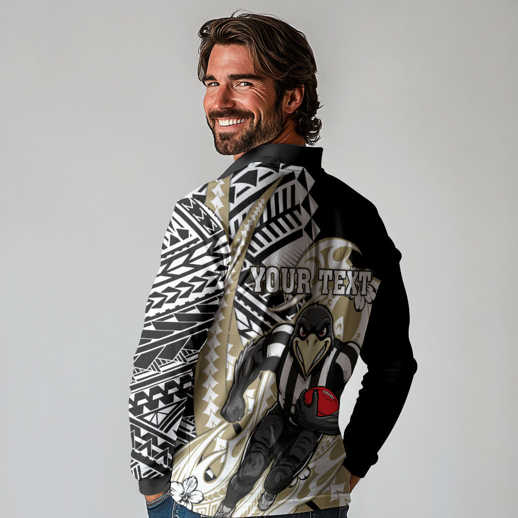 Personalized Collingwood Magpies Long Sleeve Polo Shirt Polynesian Tribal Magpie Mascot With Hibiscus Floral Art