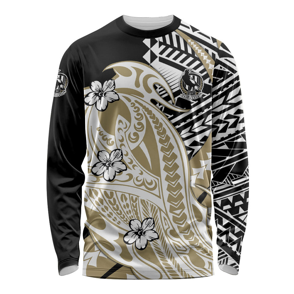 Personalized Collingwood Magpies Long Sleeve Shirt Polynesian Tribal Magpie Mascot With Hibiscus Floral Art