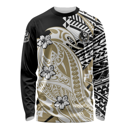Personalized Collingwood Magpies Long Sleeve Shirt Polynesian Tribal Magpie Mascot With Hibiscus Floral Art
