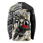 Personalized Collingwood Magpies Long Sleeve Shirt Polynesian Tribal Magpie Mascot With Hibiscus Floral Art