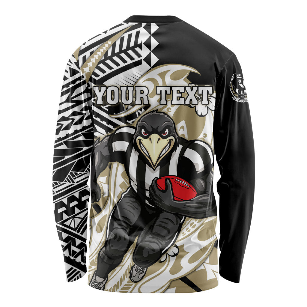 Personalized Collingwood Magpies Long Sleeve Shirt Polynesian Tribal Magpie Mascot With Hibiscus Floral Art