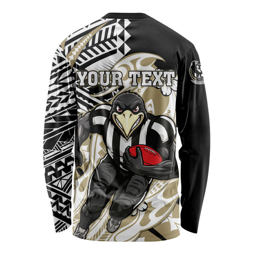 Personalized Collingwood Magpies Long Sleeve Shirt Polynesian Tribal Magpie Mascot With Hibiscus Floral Art
