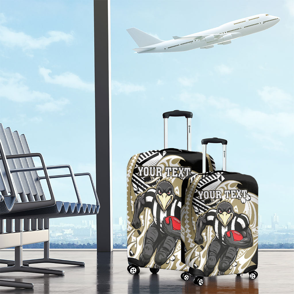 Personalized Collingwood Magpies Luggage Cover Polynesian Tribal Magpie Mascot With Hibiscus Floral Art