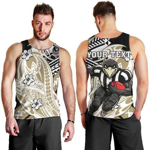 Personalized Collingwood Magpies Men Tank Top Polynesian Tribal Magpie Mascot With Hibiscus Floral Art