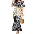 Personalized Collingwood Magpies Mermaid Dress Polynesian Tribal Magpie Mascot With Hibiscus Floral Art