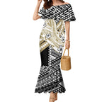 Personalized Collingwood Magpies Mermaid Dress Polynesian Tribal Magpie Mascot With Hibiscus Floral Art