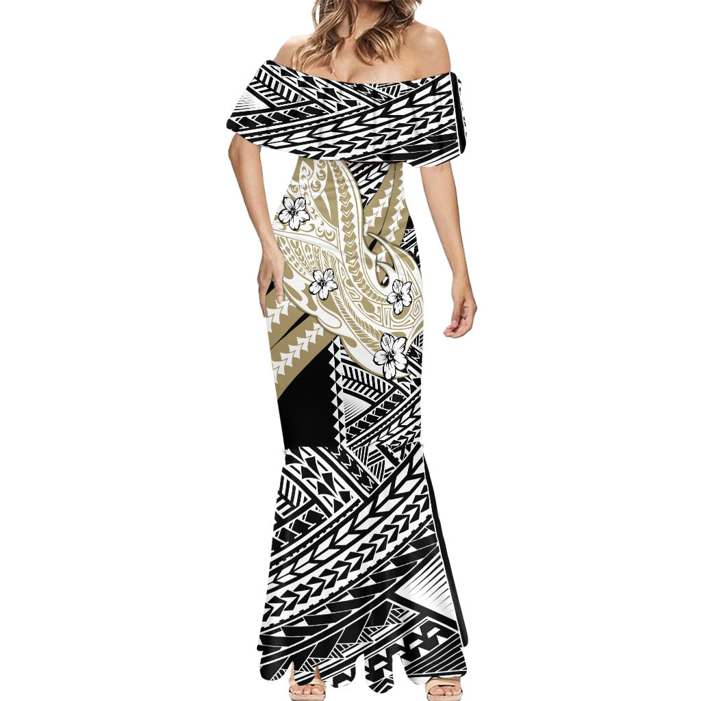 Personalized Collingwood Magpies Mermaid Dress Polynesian Tribal Magpie Mascot With Hibiscus Floral Art