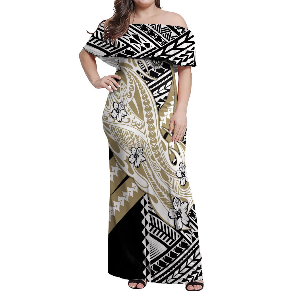 Personalized Collingwood Magpies Off Shoulder Maxi Dress Polynesian Tribal Magpie Mascot With Hibiscus Floral Art