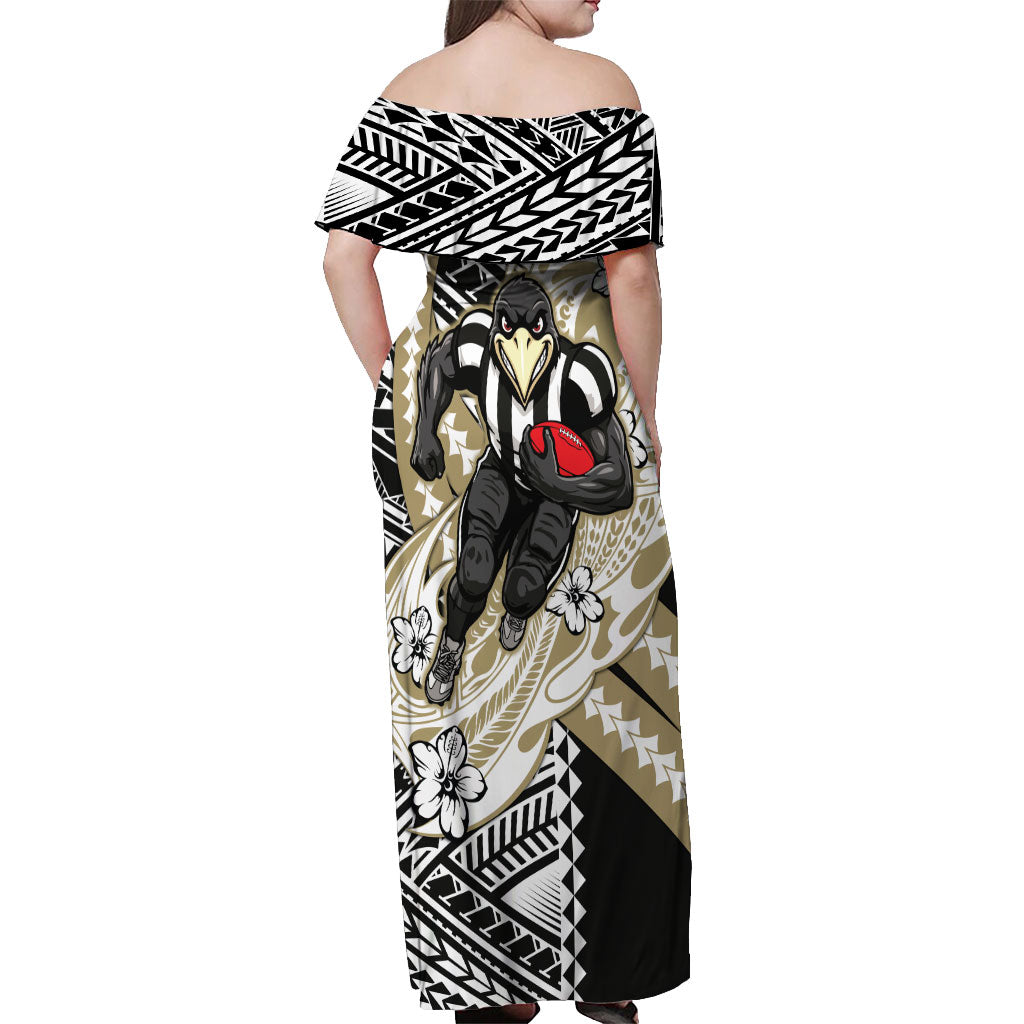 Personalized Collingwood Magpies Off Shoulder Maxi Dress Polynesian Tribal Magpie Mascot With Hibiscus Floral Art