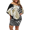 Personalized Collingwood Magpies Off Shoulder Short Dress Polynesian Tribal Magpie Mascot With Hibiscus Floral Art