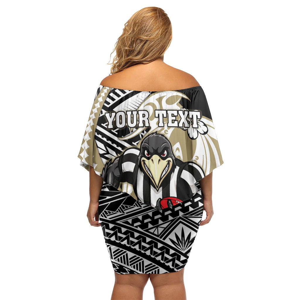 Personalized Collingwood Magpies Off Shoulder Short Dress Polynesian Tribal Magpie Mascot With Hibiscus Floral Art