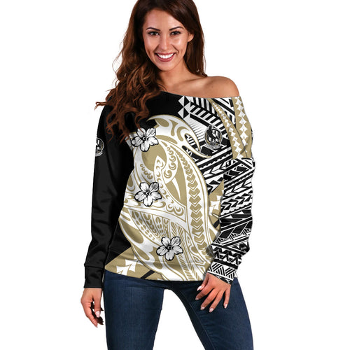 Personalized Collingwood Magpies Off Shoulder Sweater Polynesian Tribal Magpie Mascot With Hibiscus Floral Art