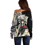 Personalized Collingwood Magpies Off Shoulder Sweater Polynesian Tribal Magpie Mascot With Hibiscus Floral Art