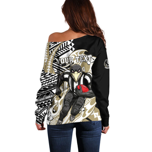 Personalized Collingwood Magpies Off Shoulder Sweater Polynesian Tribal Magpie Mascot With Hibiscus Floral Art
