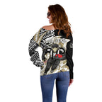 Personalized Collingwood Magpies Off Shoulder Sweater Polynesian Tribal Magpie Mascot With Hibiscus Floral Art