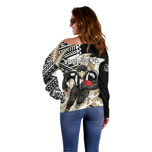 Personalized Collingwood Magpies Off Shoulder Sweater Polynesian Tribal Magpie Mascot With Hibiscus Floral Art