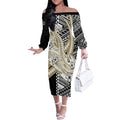 Personalized Collingwood Magpies Off The Shoulder Long Sleeve Dress Polynesian Tribal Magpie Mascot With Hibiscus Floral Art