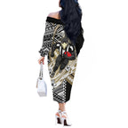 Personalized Collingwood Magpies Off The Shoulder Long Sleeve Dress Polynesian Tribal Magpie Mascot With Hibiscus Floral Art