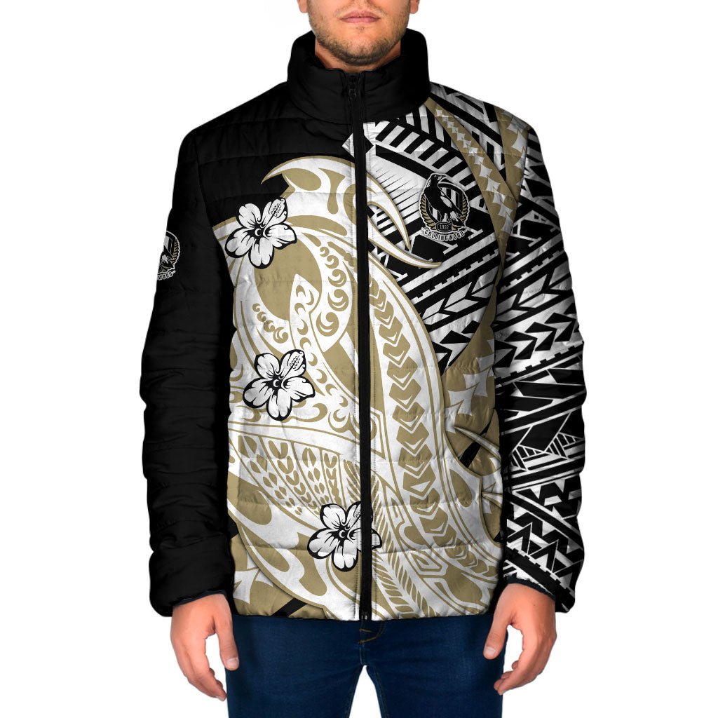 Personalized Collingwood Magpies Padded Jacket Polynesian Tribal Magpie Mascot With Hibiscus Floral Art