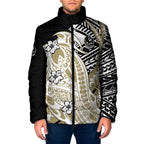 Personalized Collingwood Magpies Padded Jacket Polynesian Tribal Magpie Mascot With Hibiscus Floral Art