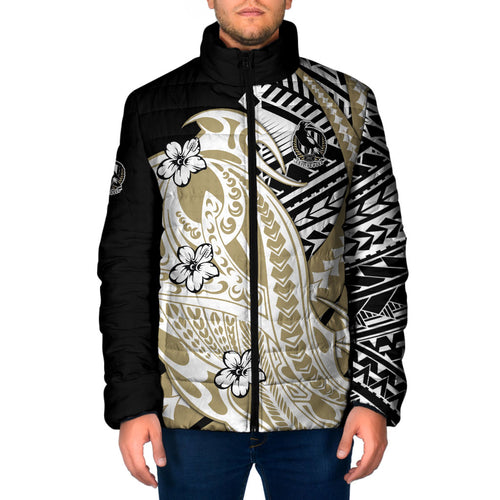 Personalized Collingwood Magpies Padded Jacket Polynesian Tribal Magpie Mascot With Hibiscus Floral Art