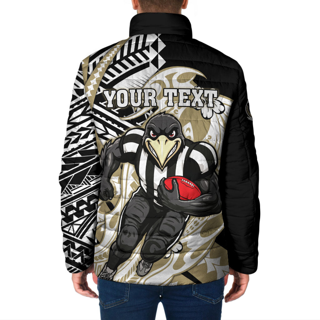 Personalized Collingwood Magpies Padded Jacket Polynesian Tribal Magpie Mascot With Hibiscus Floral Art