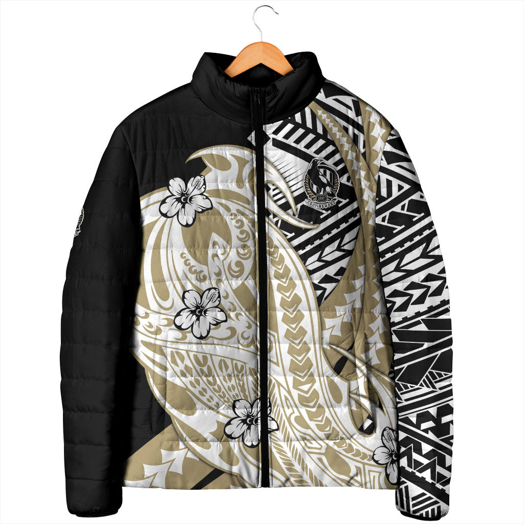 Personalized Collingwood Magpies Padded Jacket Polynesian Tribal Magpie Mascot With Hibiscus Floral Art
