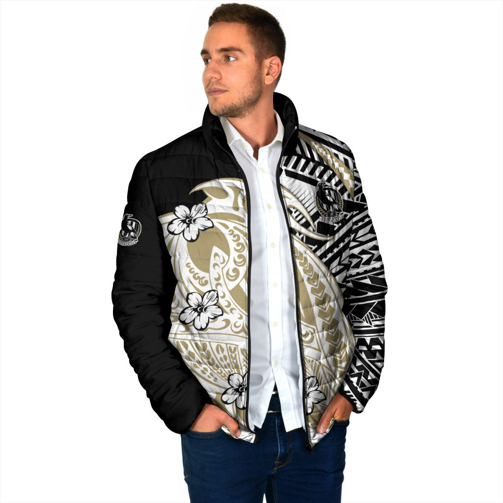 Personalized Collingwood Magpies Padded Jacket Polynesian Tribal Magpie Mascot With Hibiscus Floral Art