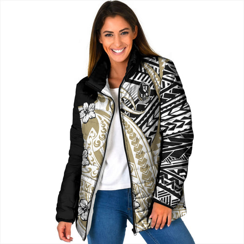 Personalized Collingwood Magpies Padded Jacket Polynesian Tribal Magpie Mascot With Hibiscus Floral Art