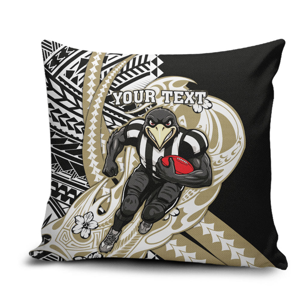 Personalized Collingwood Magpies Pillow Cover Polynesian Tribal Magpie Mascot With Hibiscus Floral Art