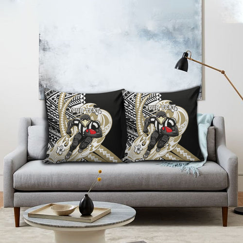 Personalized Collingwood Magpies Pillow Cover Polynesian Tribal Magpie Mascot With Hibiscus Floral Art